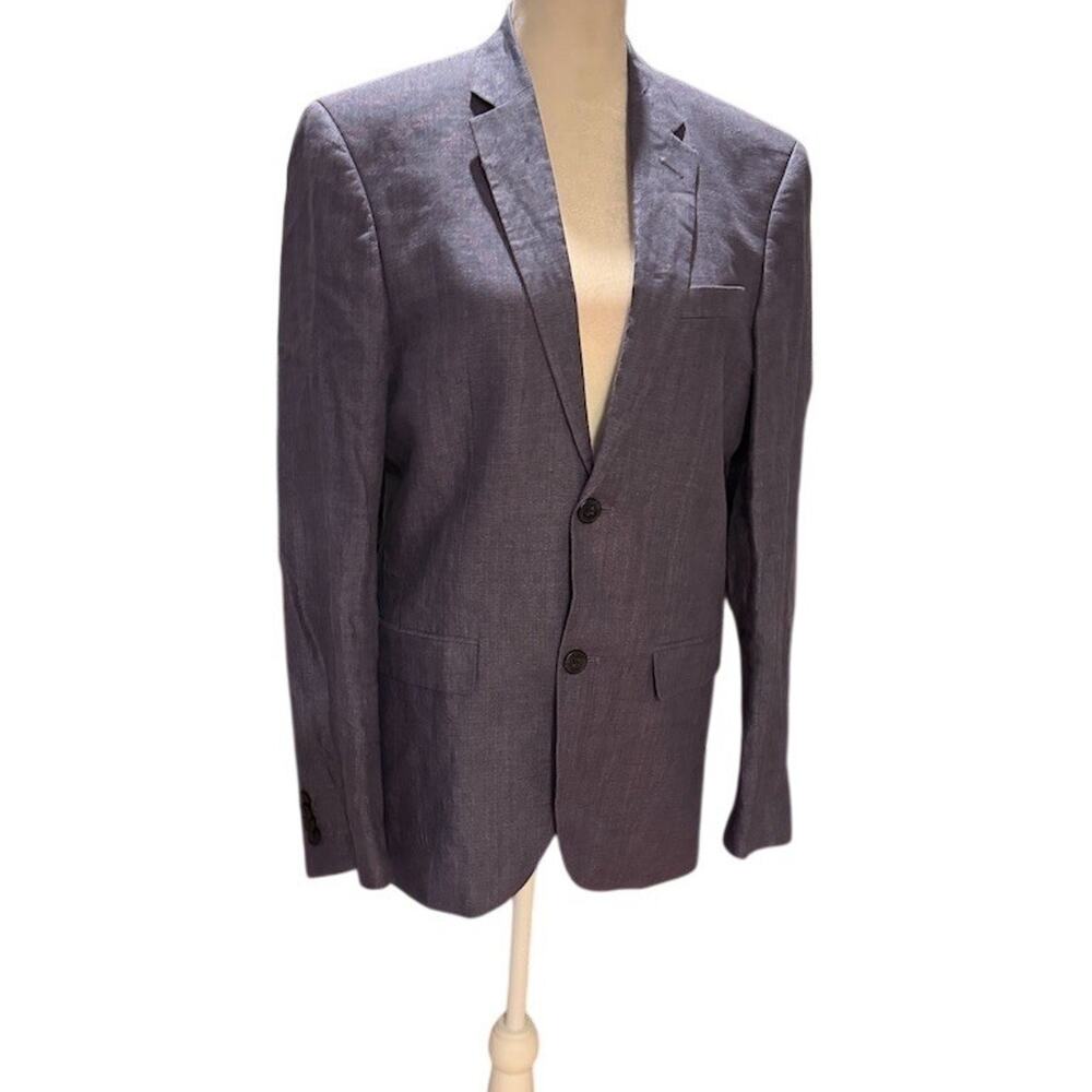 H&M Sport Coat Blazer Mens 34R Blue Linen 2-Button Slim Fit Notch Elbow Patches